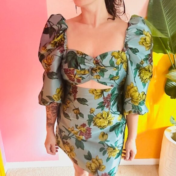 ASOS Salon Floral Jacquard Puff Sleeve Cut Out Dress - 8 - Picture 1 of 14